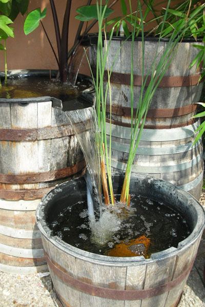 Barrel fountain, small pond ideas, fountain ideas, water garden