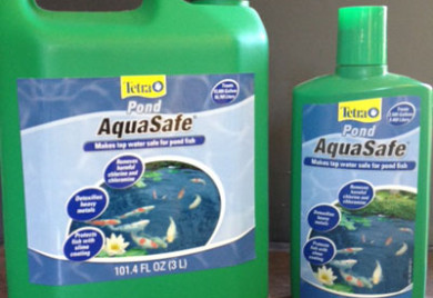 Tetra Pond AquaSafe water treatment.